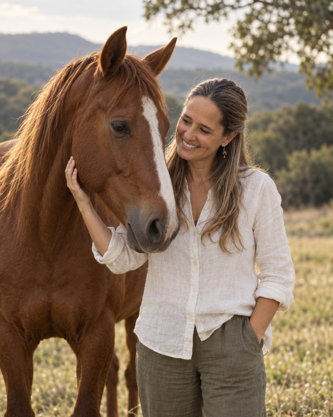 Inés junto a un caballo en un entorno natural