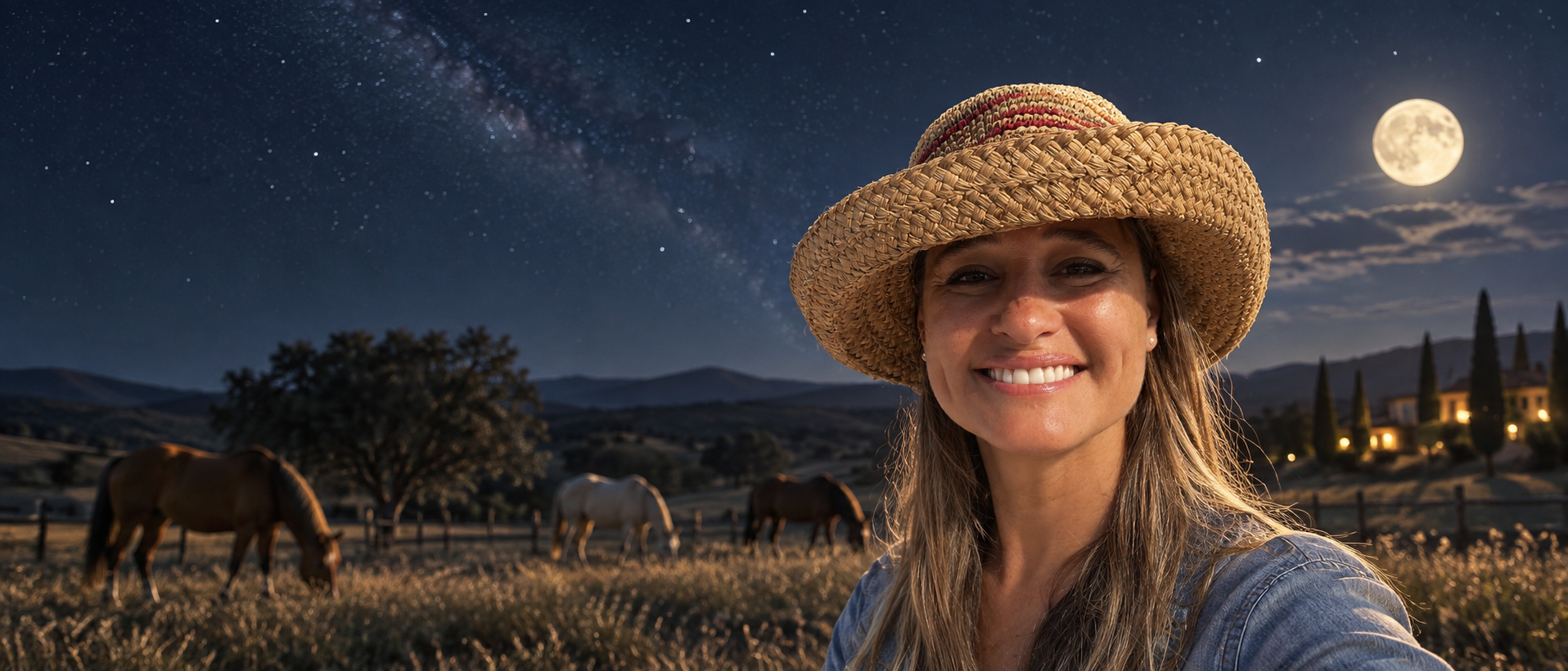 Inés en un paisaje natural junto a caballos